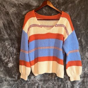 SHEIN V-Neck Sweater with Orange, Blue, and Cream Stripes
